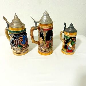Vintage Lot of (3) Germany Beer Steins With Metal Lid Mugs Made in Germany EUC